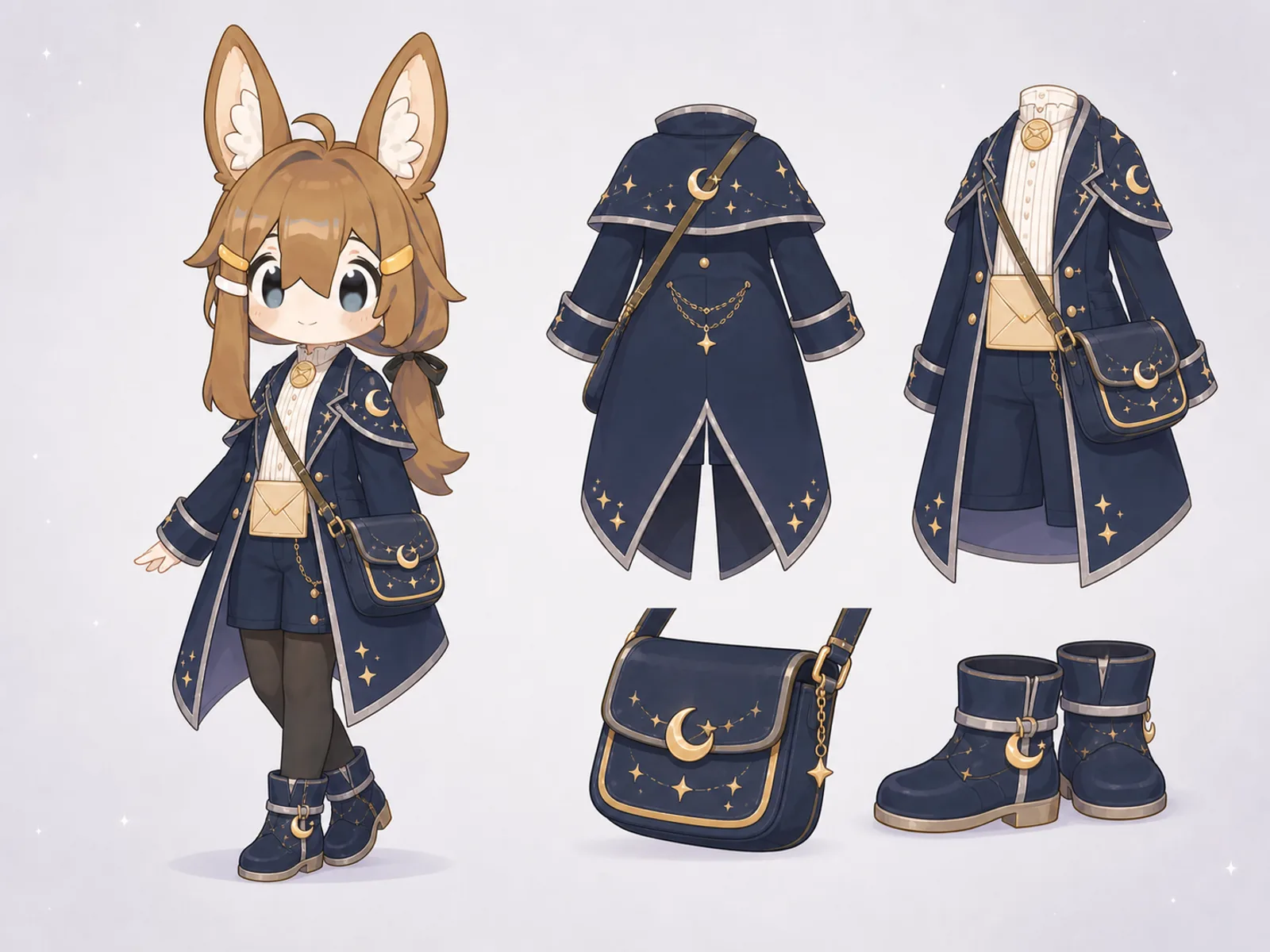 月面郵便の変形舞台服の衣装設定画。自由ポーズの着用全身と、衣装ディテール・小物の形や作りを示す。
