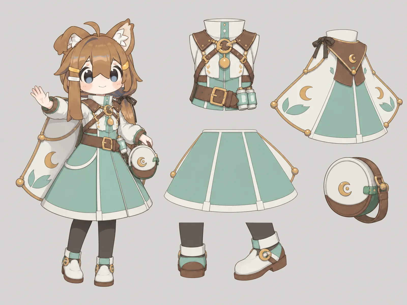 月影薬局の変形舞台服の衣装設定画。自由ポーズの着用全身と、衣装ディテール・小物の形や作りを示す。