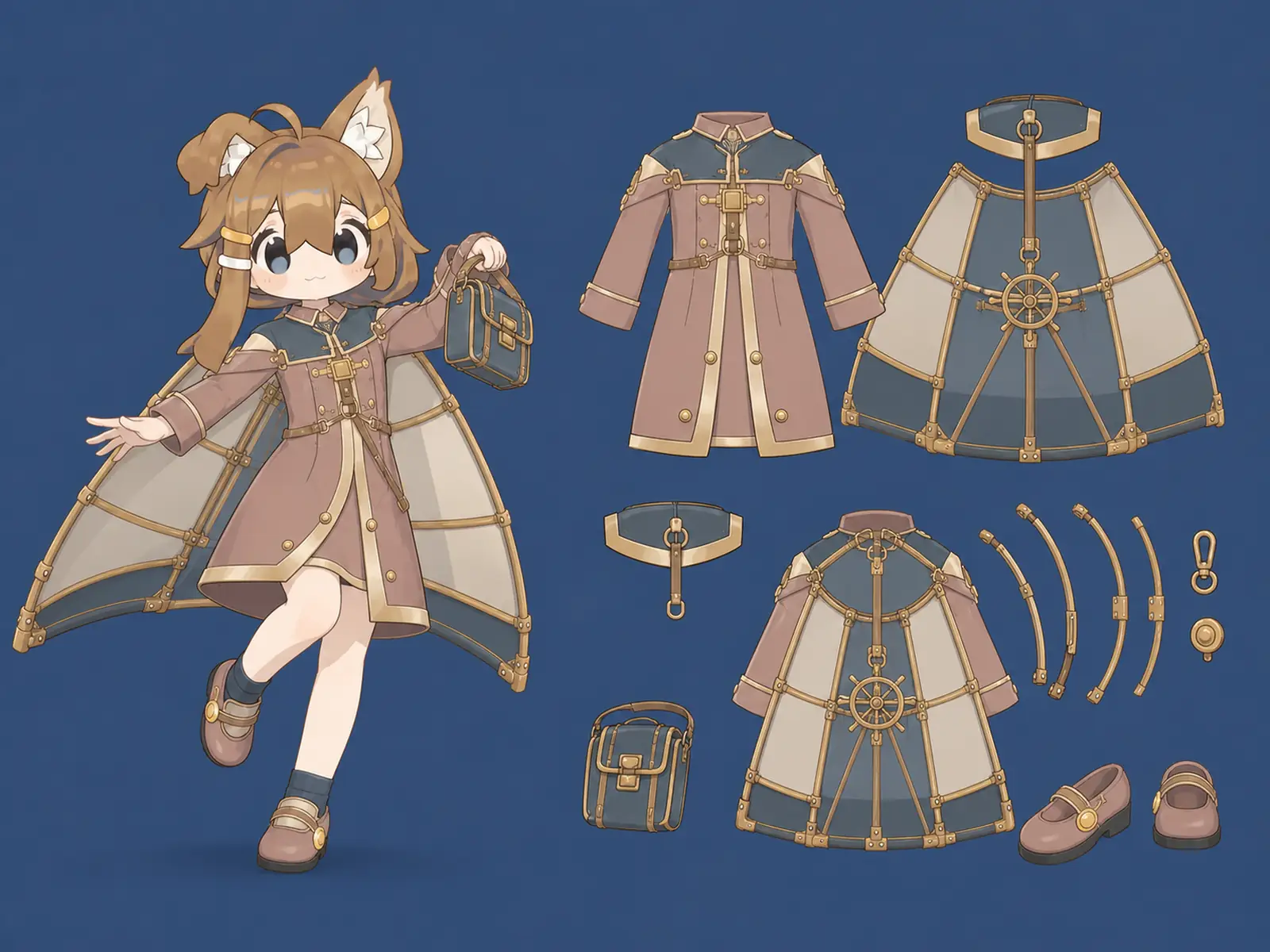 月虹の郵便船の変形舞台服の衣装設定画。自由ポーズの着用全身と、衣装ディテール・小物の形や作りを示す。