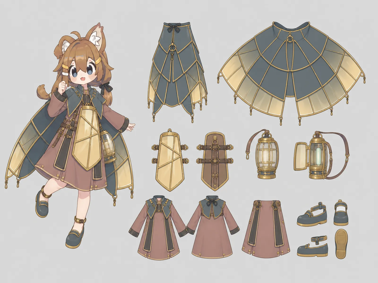 光子温室の変形舞台服の衣装設定画。自由ポーズの着用全身と、衣装ディテール・小物の形や作りを示す。