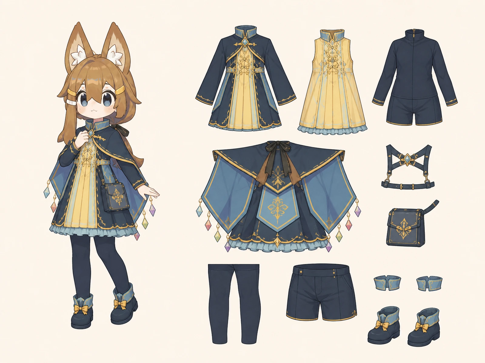 虹色標本の変形舞台服の衣装設定画。自由ポーズの着用全身と、衣装ディテール・小物の形や作りを示す。