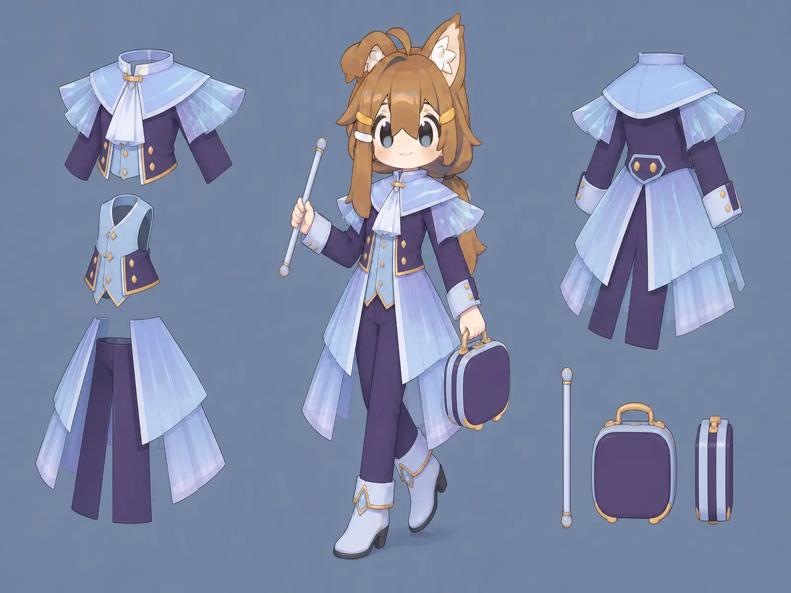 雨粒劇場の変形舞台服の衣装設定画。自由ポーズの着用全身と、衣装ディテール・小物の形や作りを示す。
