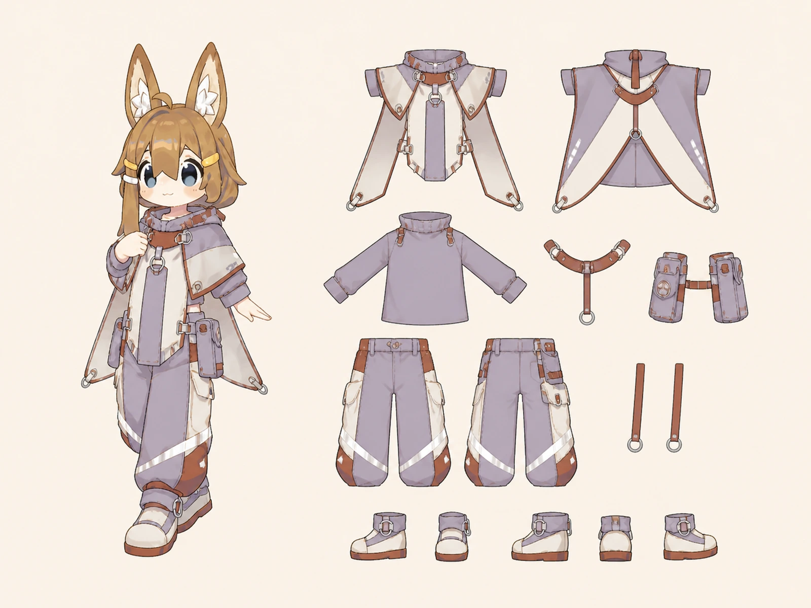 雪原ラジオの変形舞台服の衣装設定画。自由ポーズの着用全身と、衣装ディテール・小物の形や作りを示す。