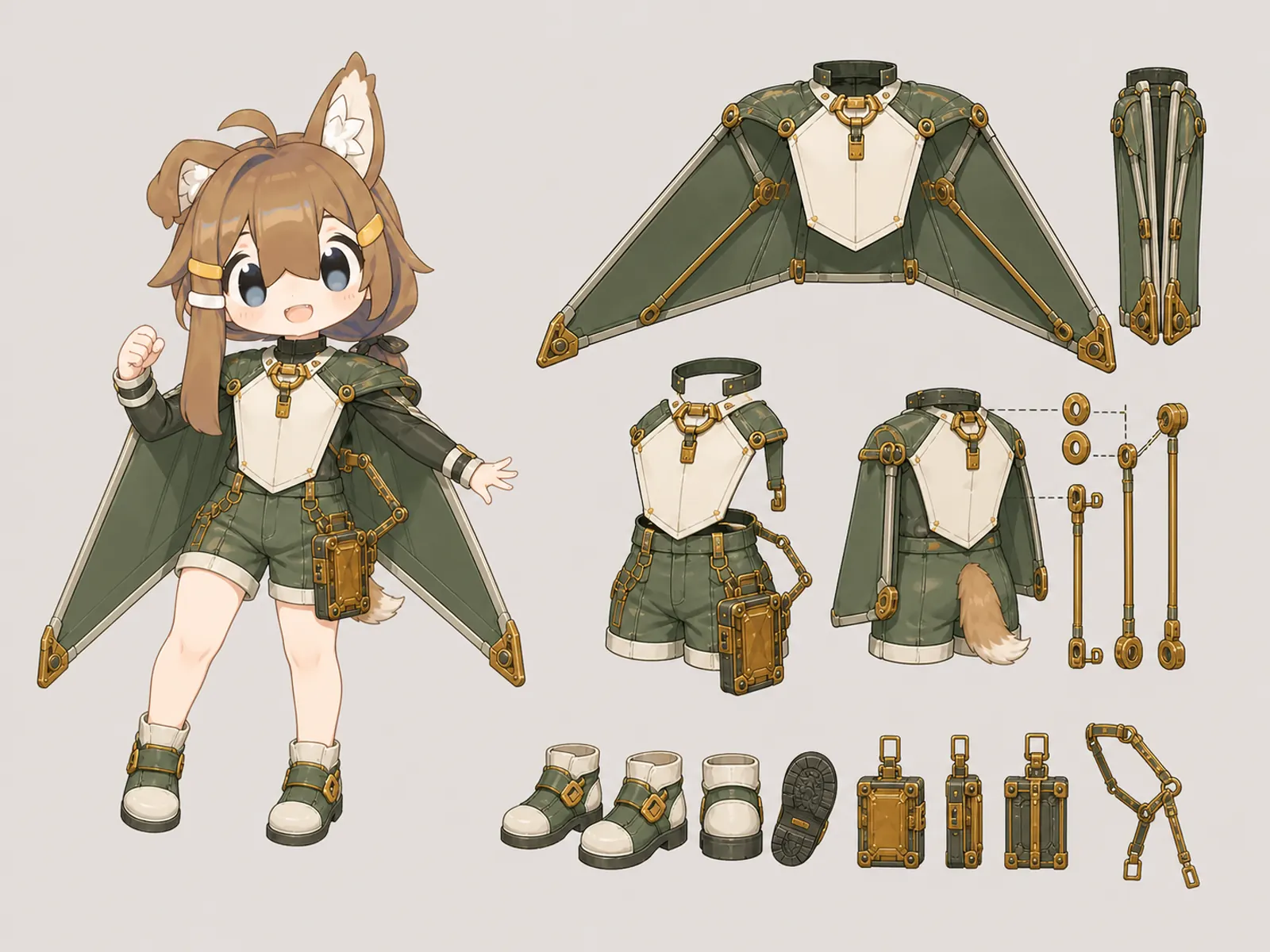 火花の発明部の変形舞台服の衣装設定画。自由ポーズの着用全身と、衣装ディテール・小物の形や作りを示す。