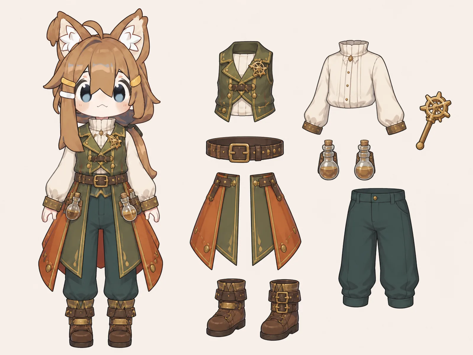 魔法工房の変形舞台服の衣装設定画。自由ポーズの着用全身と、衣装ディテール・小物の形や作りを示す。