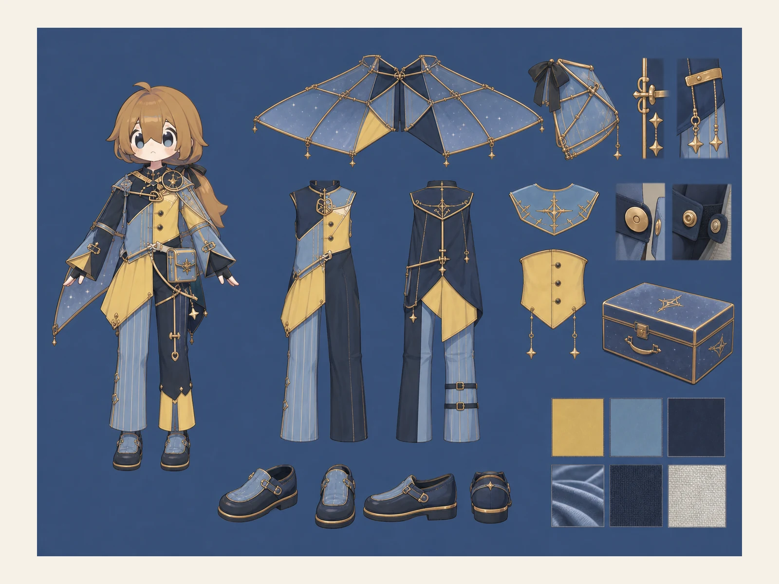 星砂の工房の変形舞台服の衣装設定画。自由ポーズの着用全身と、衣装ディテール・小物の形や作りを示す。