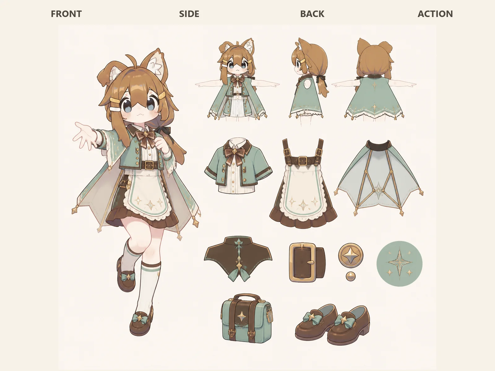 星見の喫茶の変形舞台服の衣装設定画。自由ポーズの着用全身と、衣装ディテール・小物の形や作りを示す。