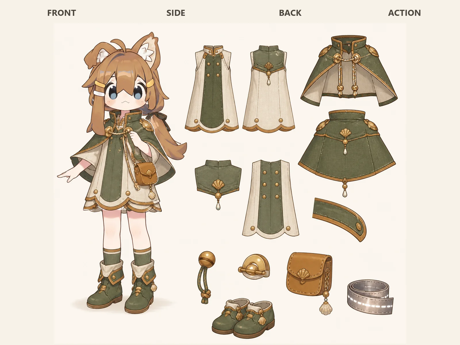 海底劇場の変形舞台服の衣装設定画。自由ポーズの着用全身と、衣装ディテール・小物の形や作りを示す。