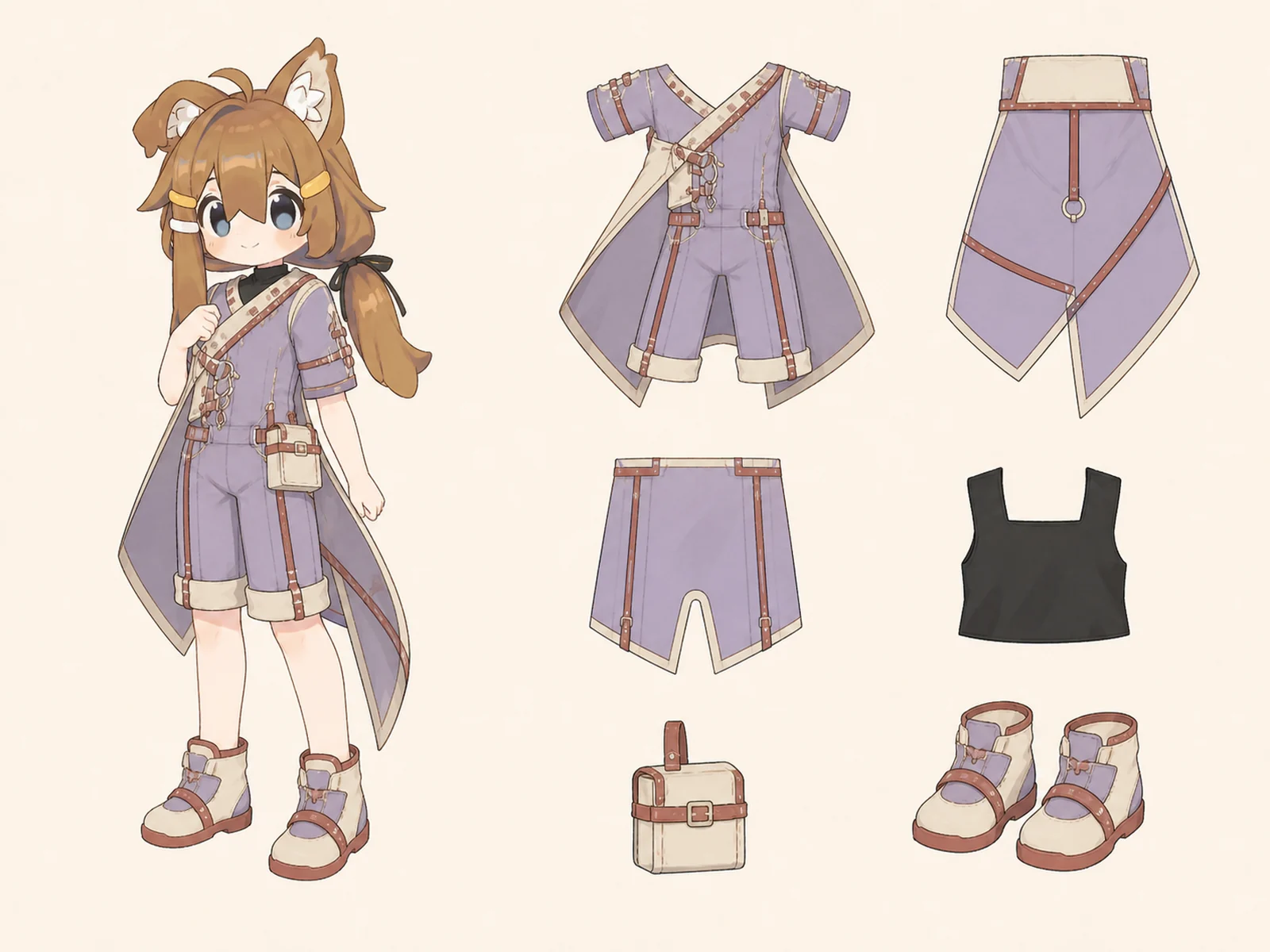 風鈴天文台の変形舞台服の衣装設定画。自由ポーズの着用全身と、衣装ディテール・小物の形や作りを示す。
