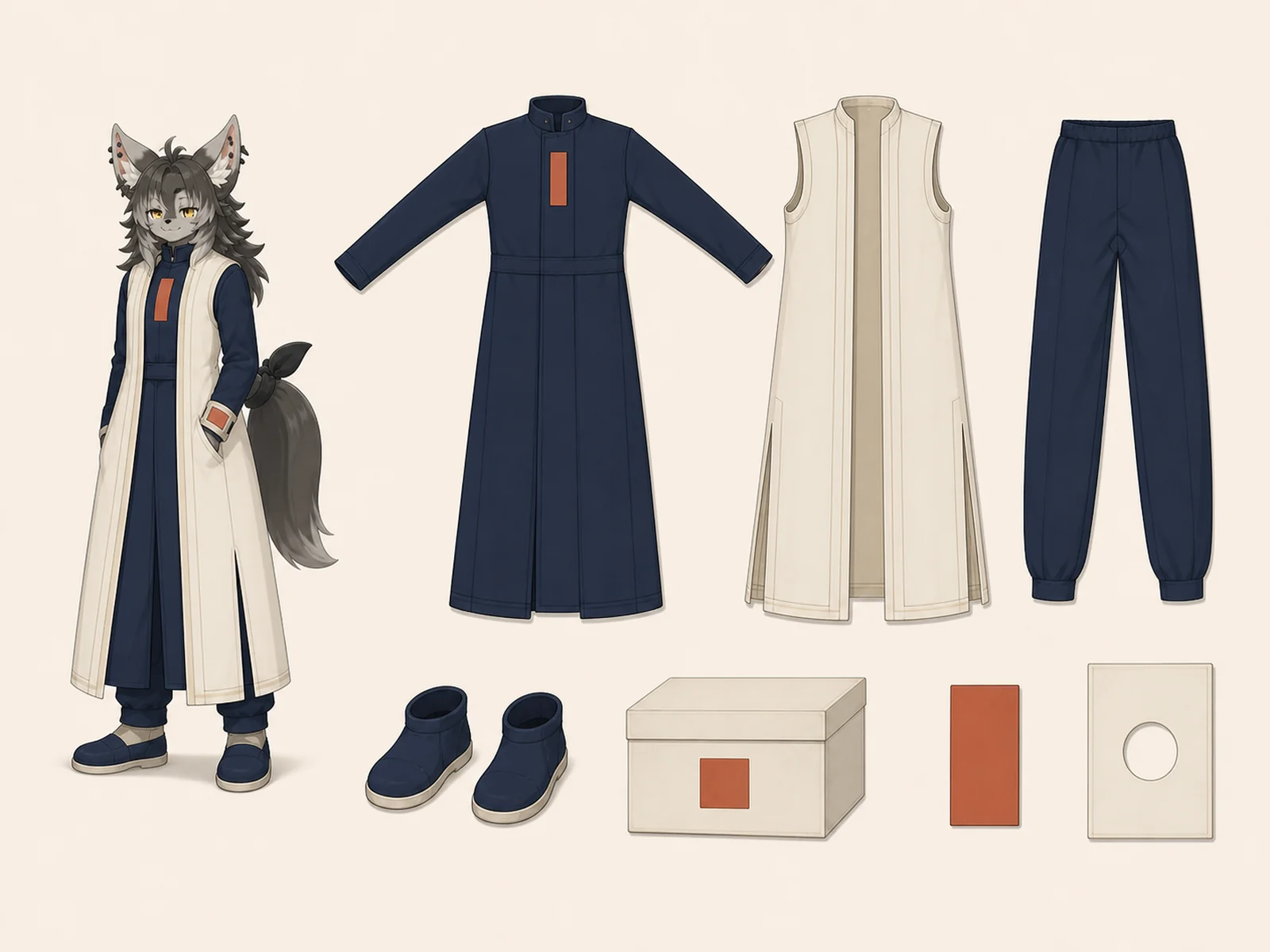カフタン保存員服 — オスマン期カフタン構造の衣装設定画。着用全身と首元、腰の留め具、裾・靴・尾口の構造図。