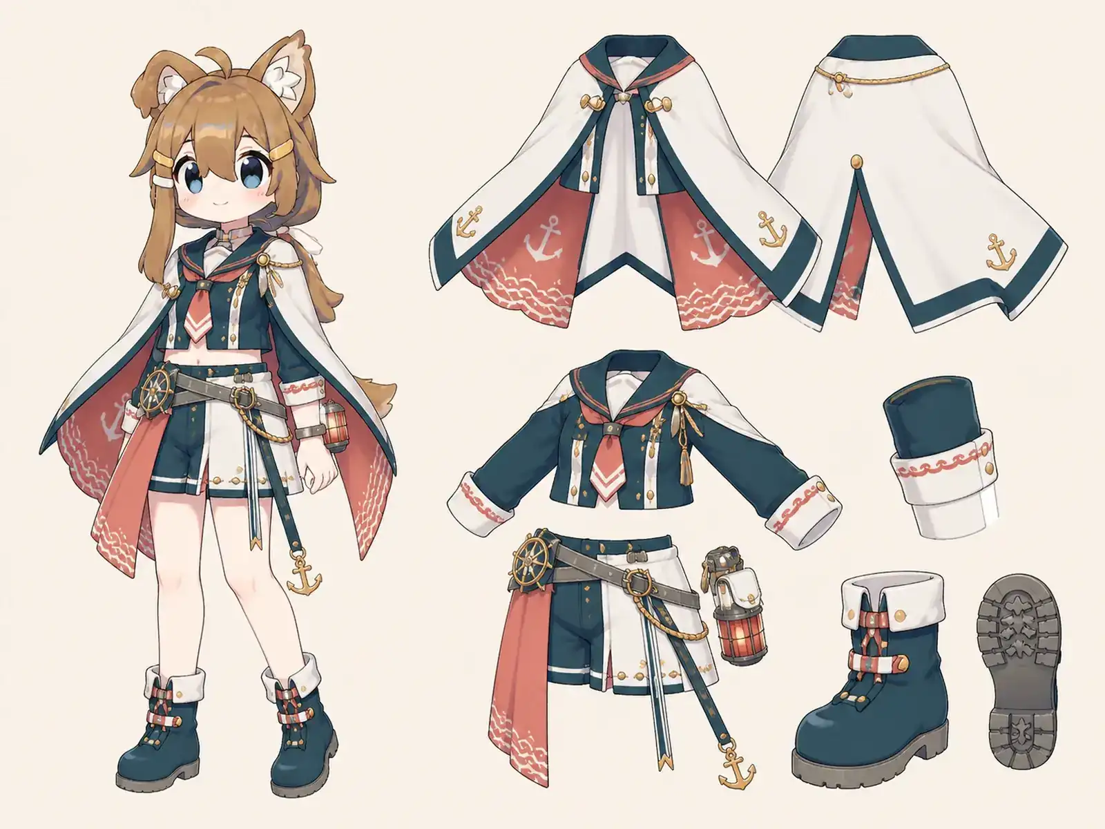 連絡船デュオ・左舷 — 海上都市アイドル航路の衣装設定画。着用全身と首元、腰の留め具、裾・靴・尾口の構造図。