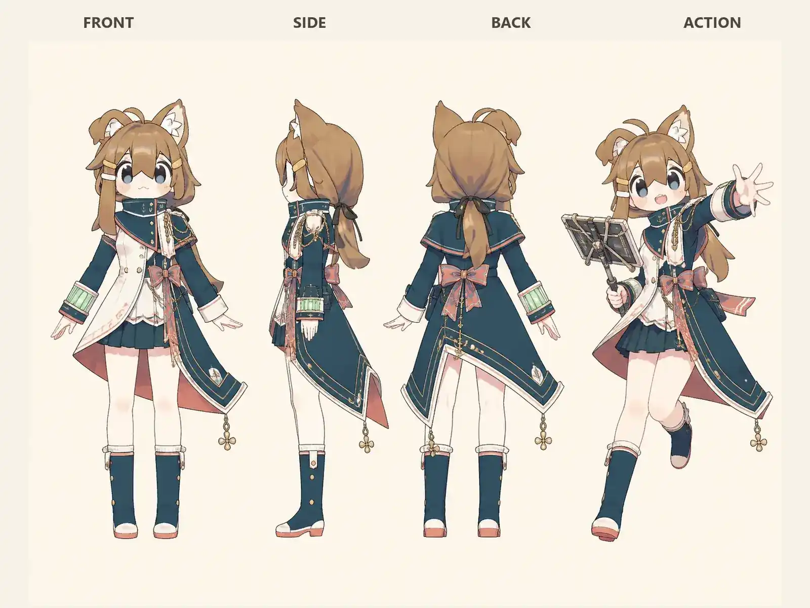 連絡船デュオ・右舷 — 海上都市アイドル航路を着た低身長ユニセックスモデルの正面、左側面、背面、任意ポーズを左から並べた衣装設計図。