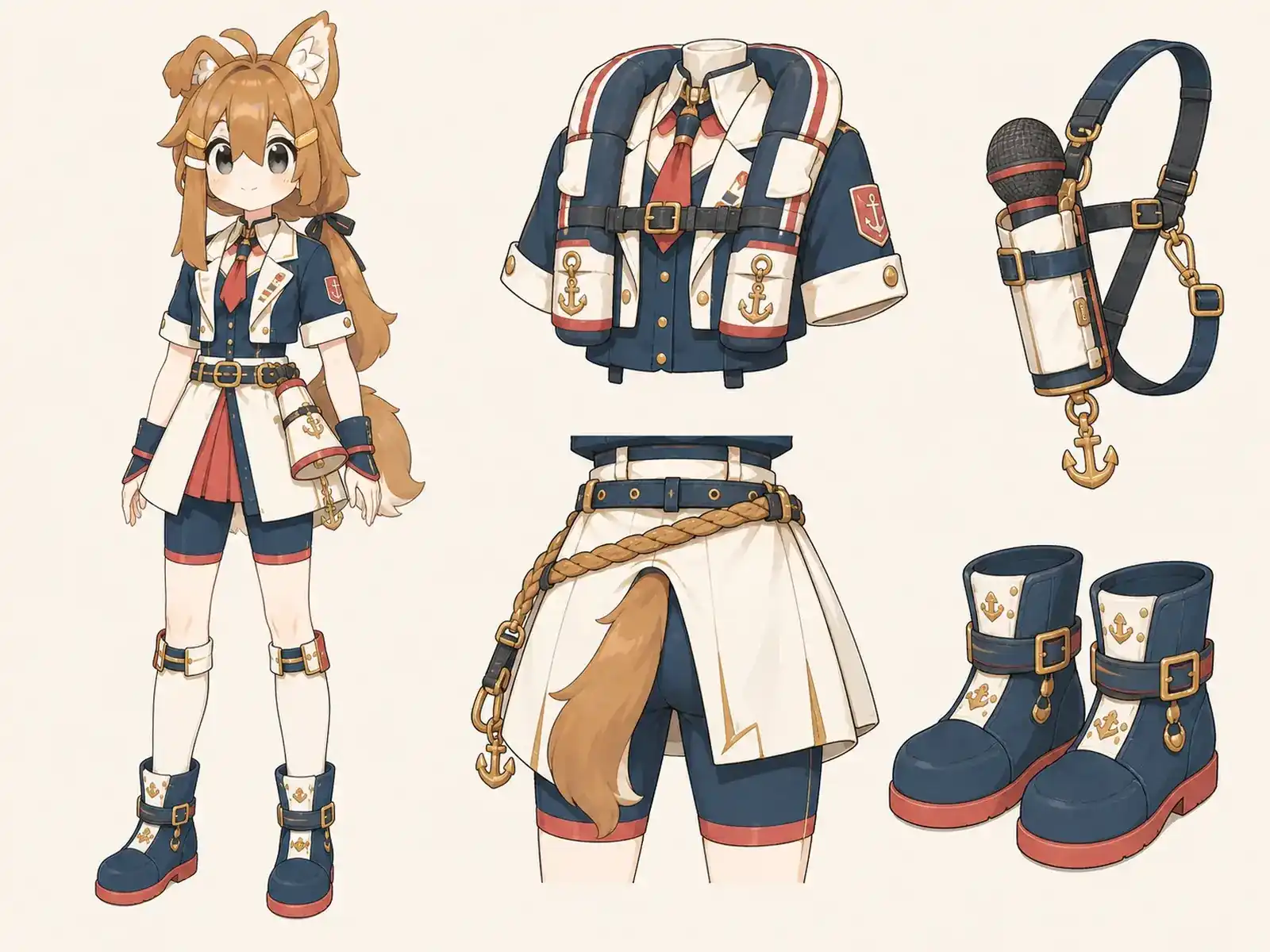 港湾ライブの司会者 — 海上都市アイドル航路の衣装設定画。着用全身と首元、腰の留め具、裾・靴・尾口の構造図。