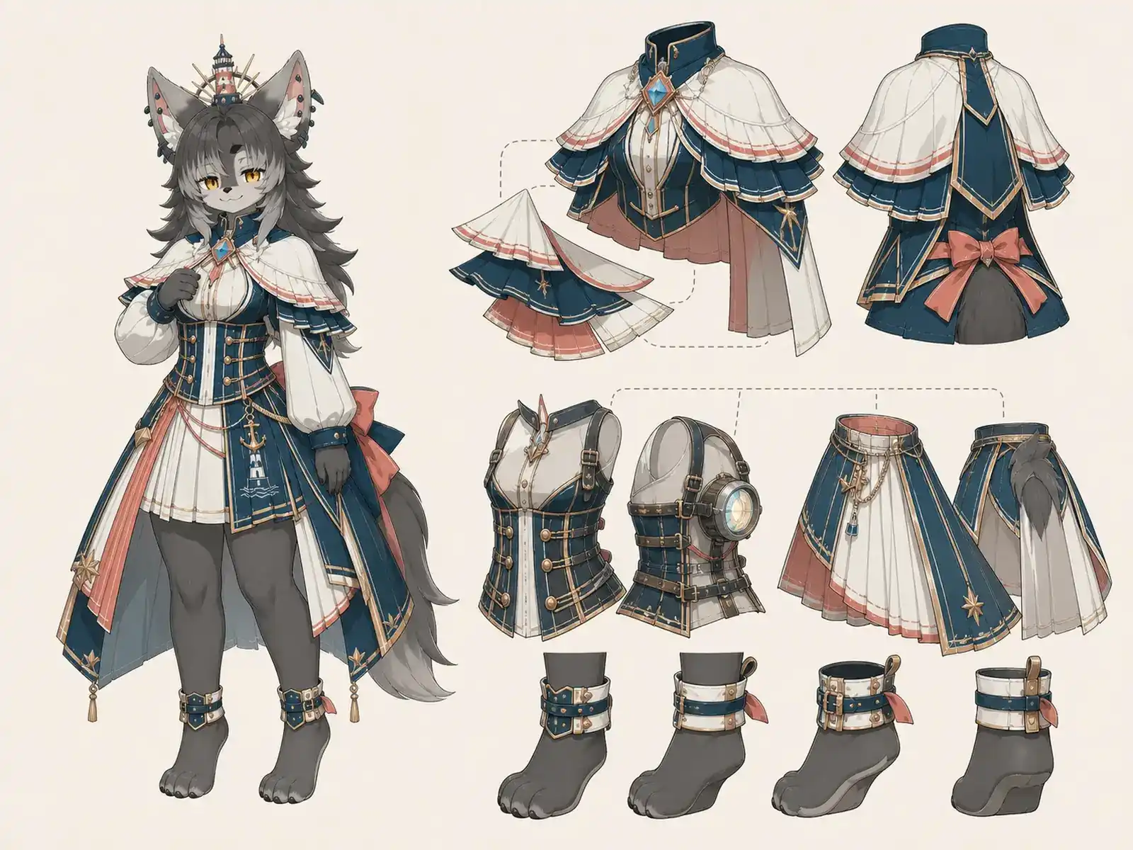 灯台フィナーレのセンター — 海上都市アイドル航路の衣装設定画。着用全身と首元、腰の留め具、裾・靴・尾口の構造図。