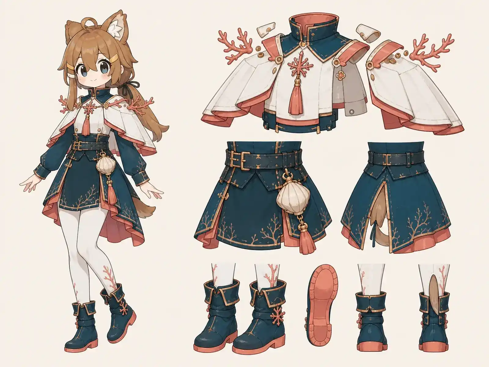 珊瑚礁ステージの舞手 — 海上都市アイドル航路の衣装設定画。着用全身と首元、腰の留め具、裾・靴・尾口の構造図。