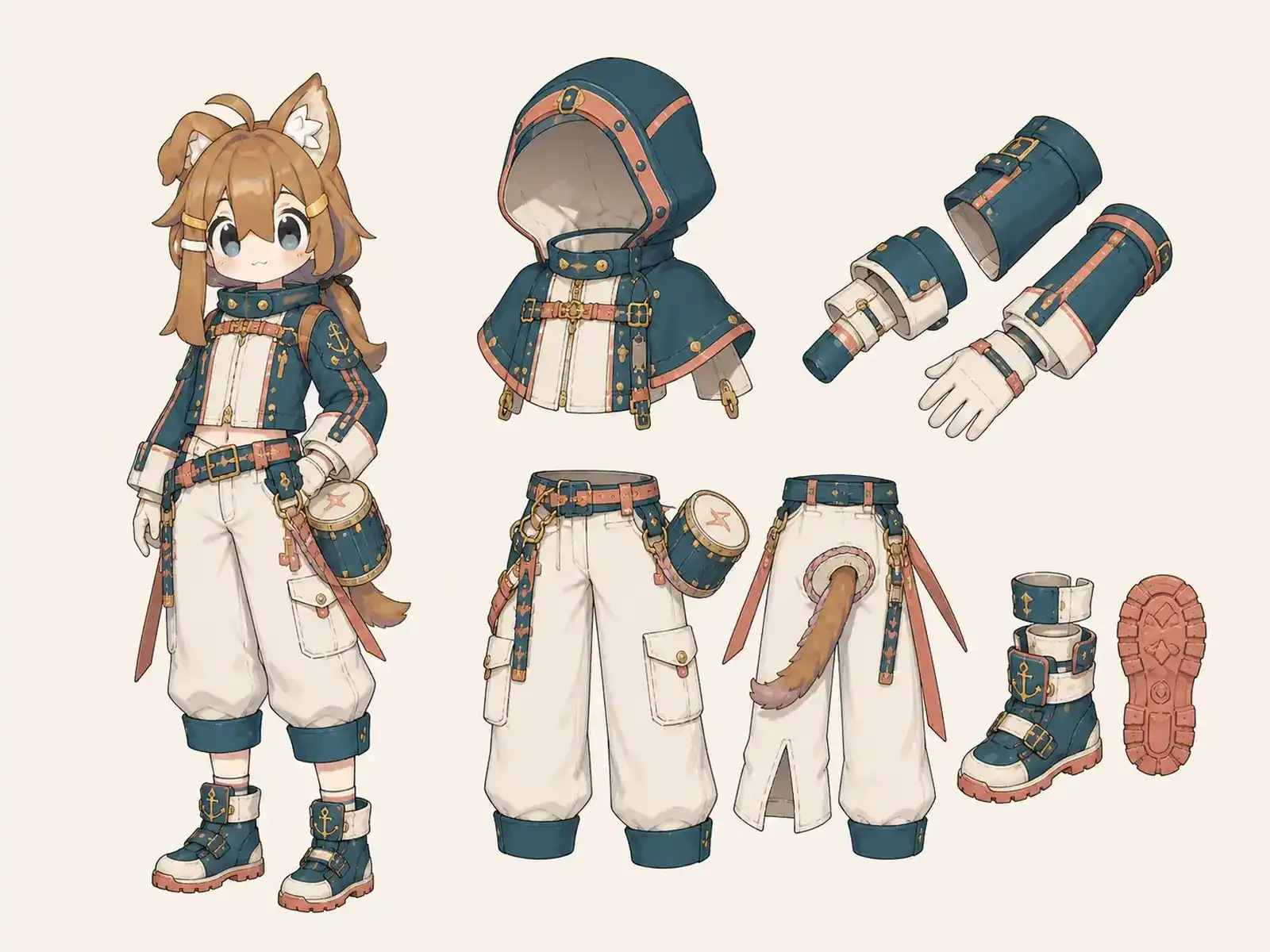 暴風圏の打楽器担当 — 海上都市アイドル航路の衣装設定画。着用全身と首元、腰の留め具、裾・靴・尾口の構造図。
