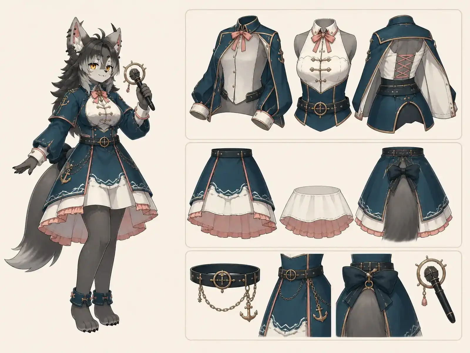 潮汐センターの主唱 — 海上都市アイドル航路の衣装設定画。着用全身と首元、腰の留め具、裾・靴・尾口の構造図。