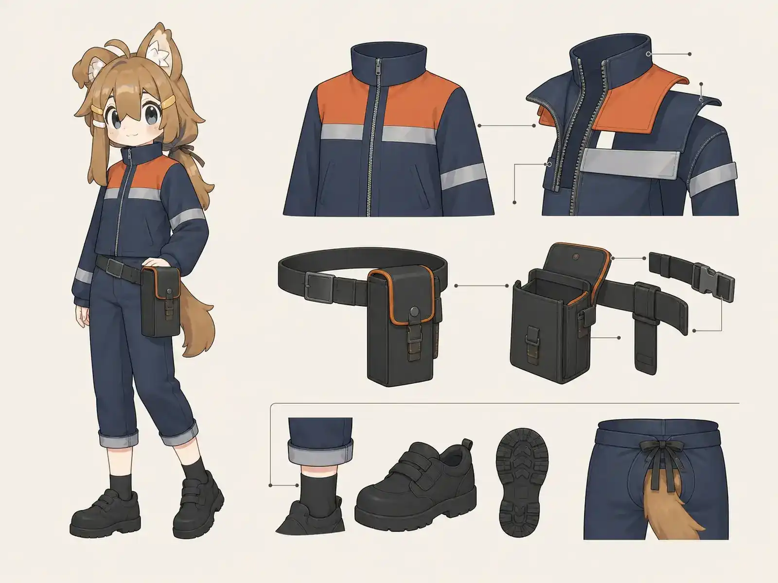 ホーム信号コーディネーター服の衣装設定画。着用全身と首元、腰の留め具、裾・靴・尾口の構造図。