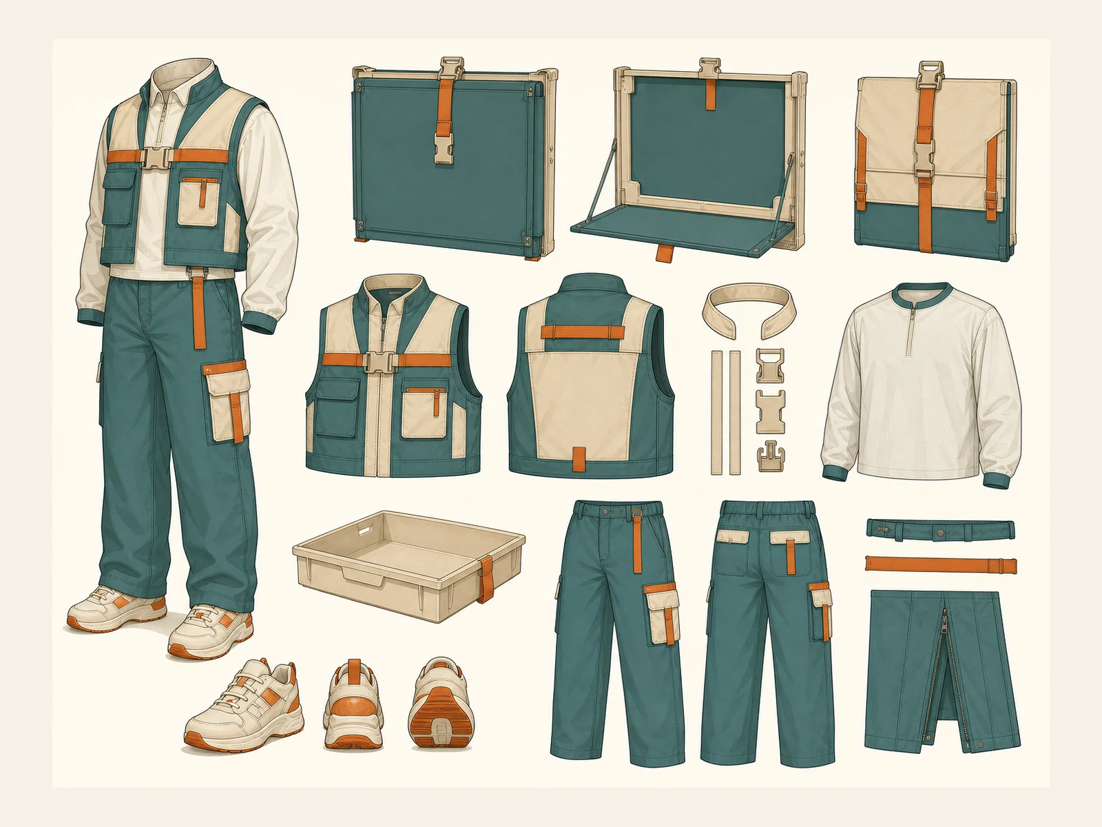 選挙会場の設営スタッフ服の衣装設定画。着用全身と首元、腰の留め具、裾・靴・尾口の構造図。
