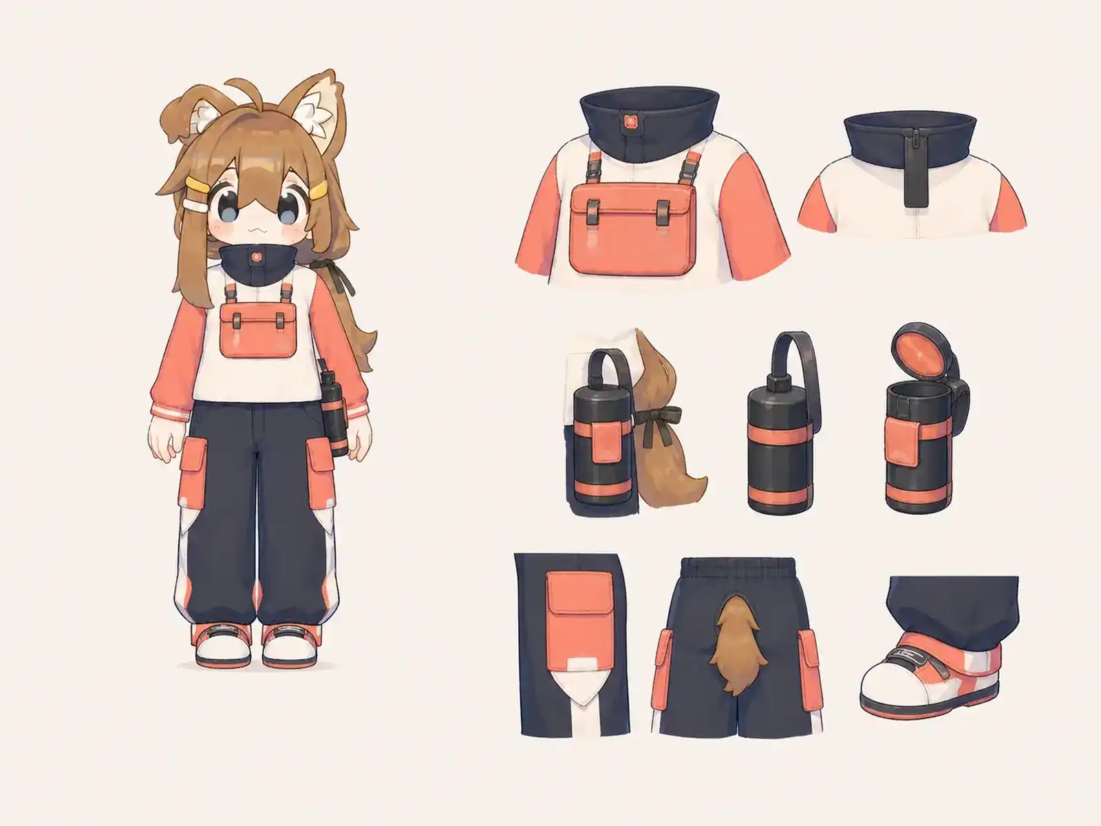 大平原コミュニティラジオ服の衣装設定画。着用全身と首元、腰の留め具、裾・靴・尾口の構造図。