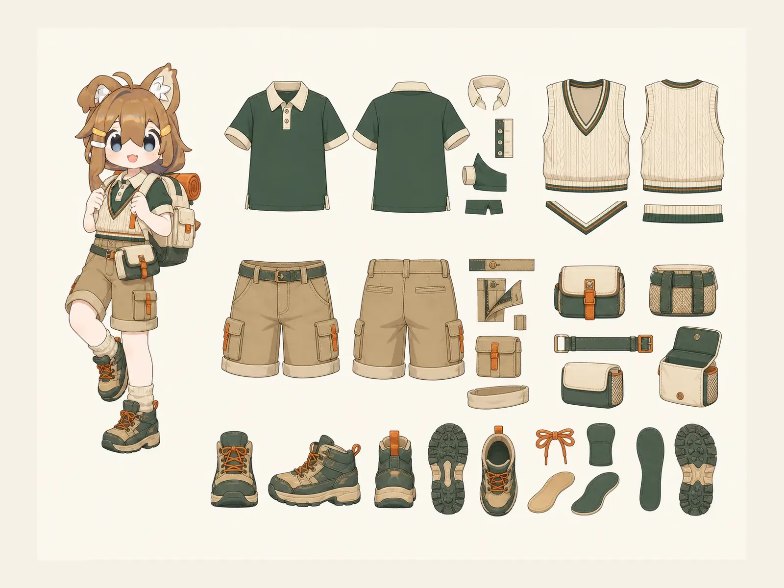 プレッピー・キャンプガイドの衣装設定画。着用全身と衣装部品の構造を示す独立設定画。