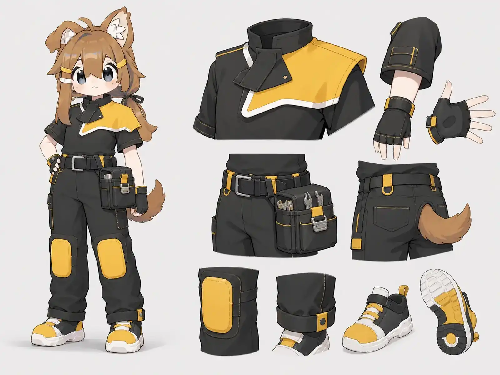 公共自転車ポートの整備服の衣装設定画。着用全身と首元、腰の留め具、裾・靴・尾口の構造図。