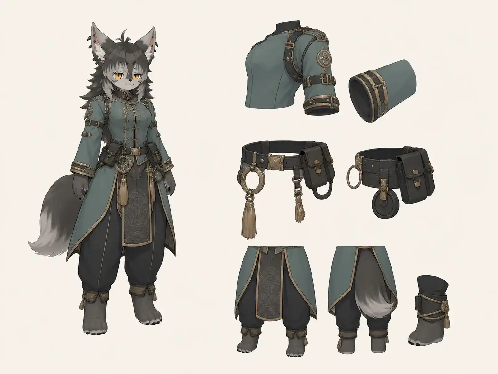 狩猟袖の機能服 — 清代袍服の構造研究の衣装設定画。着用全身と首元、腰の留め具、裾・靴・尾口の構造図。