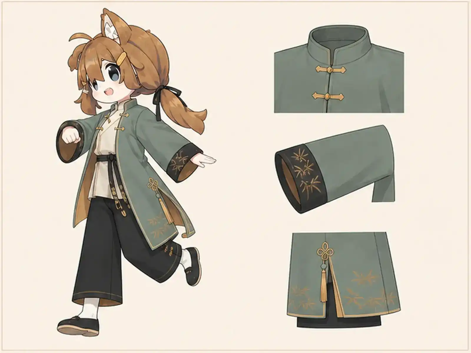 日常袍のミニマル服 — 清代袍服の構造研究の衣装設定画。着用全身と首元、腰の留め具、裾・靴・尾口の構造図。