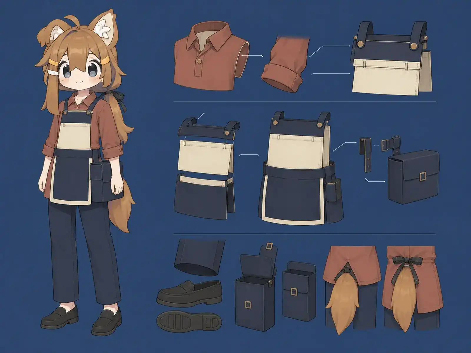 寝台列車の補給ランナー服の衣装設定画。着用全身と首元、腰の留め具、裾・靴・尾口の構造図。