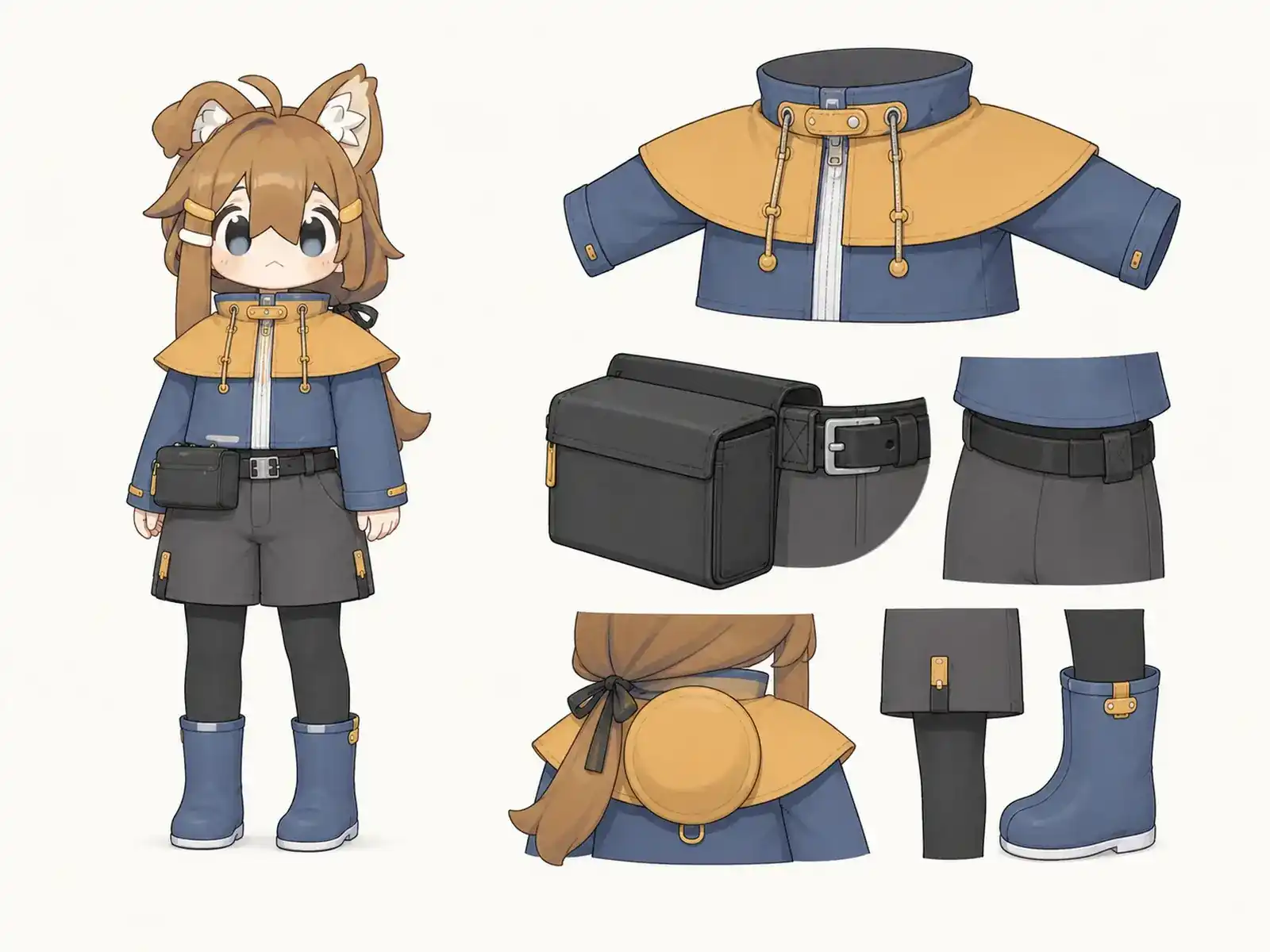 雨音採集員の観測服の衣装設定画。着用全身と首元、腰の留め具、裾・靴・尾口の構造図。