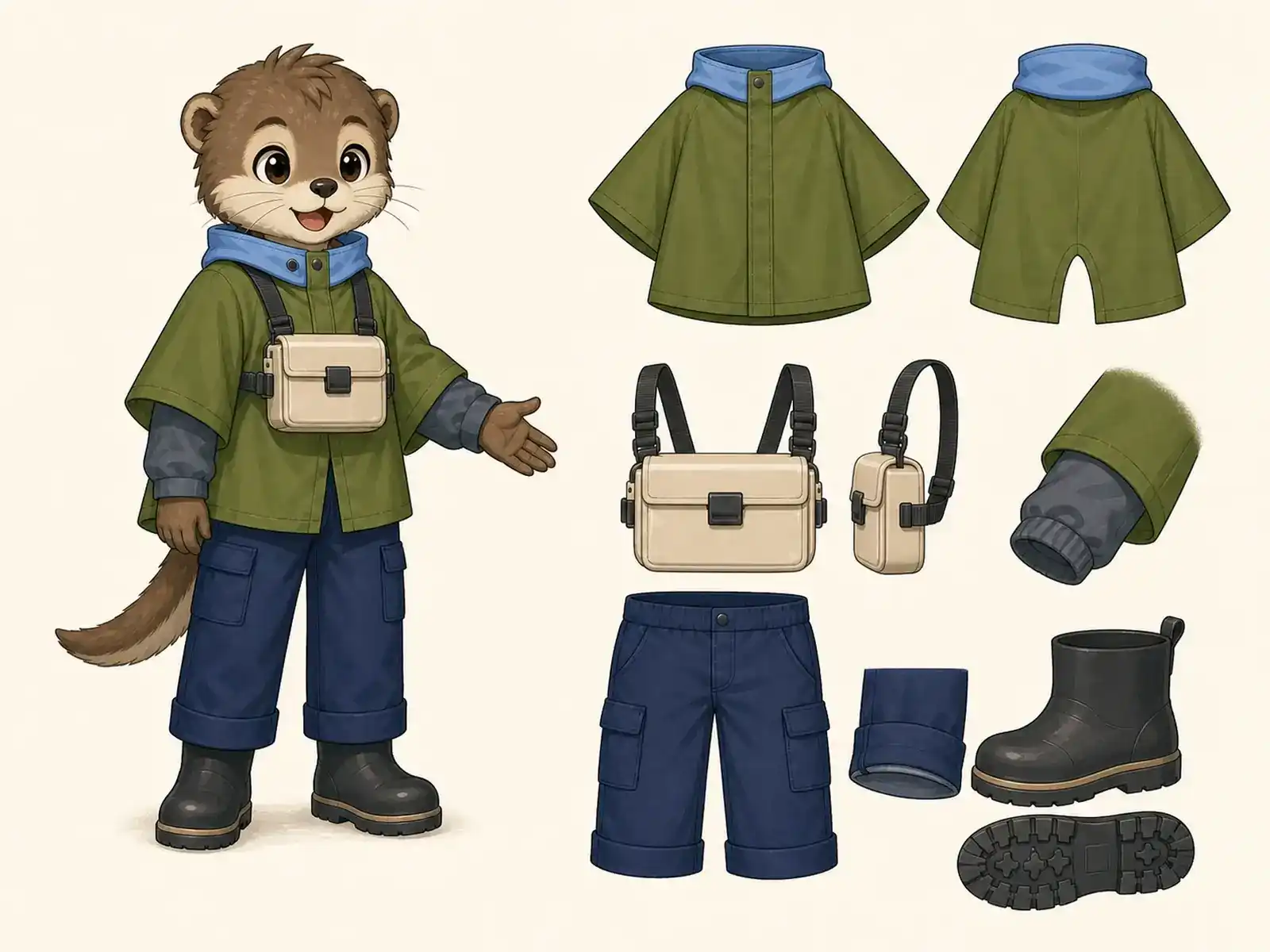 雨林ボート診療サポート服の衣装設定画。着用全身と首元、腰の留め具、裾・靴・尾口の構造図。