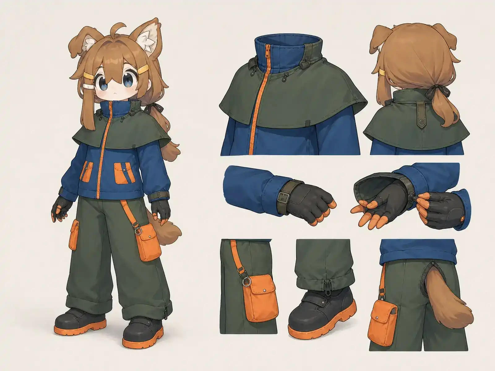 雨林樹冠センサーの保守服の衣装設定画。着用全身と首元、腰の留め具、裾・靴・尾口の構造図。