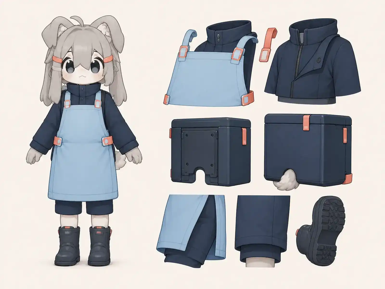 礁湖コールドストレージ搬送服の衣装設定画。着用全身と首元、腰の留め具、裾・靴・尾口の構造図。
