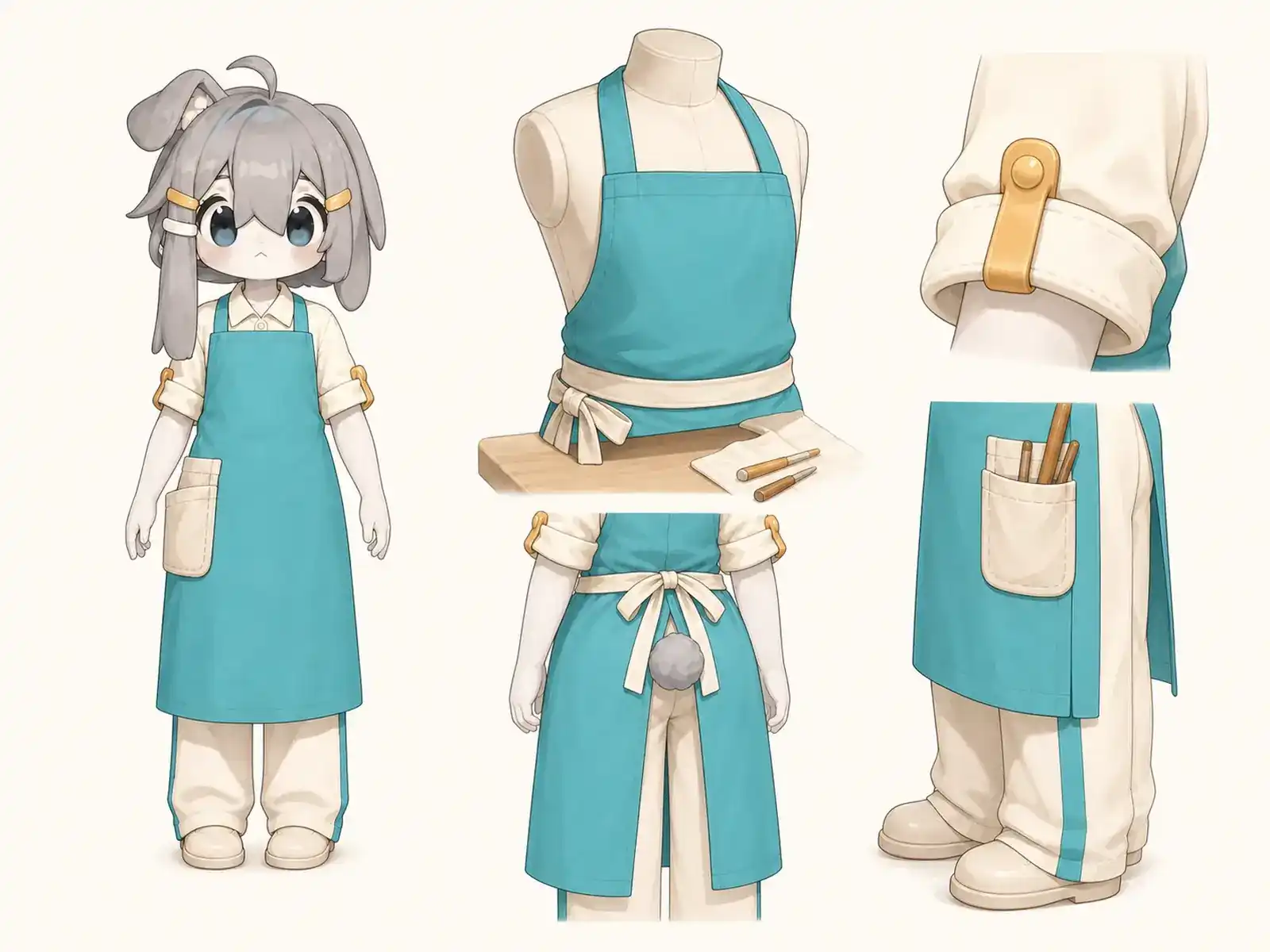 礁湖工芸教室の指導服の衣装設定画。着用全身と首元、腰の留め具、裾・靴・尾口の構造図。