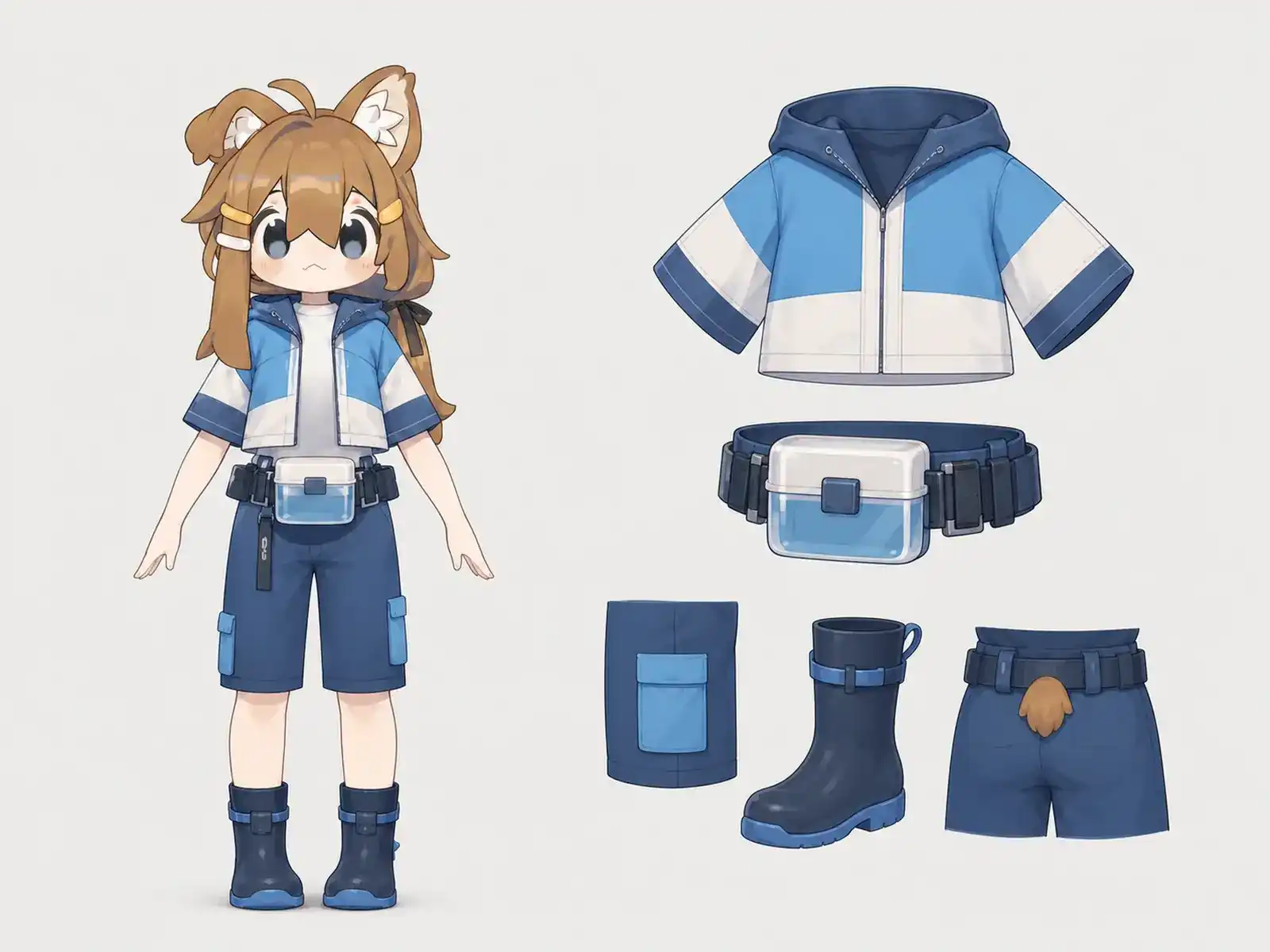 礁湖レンジャー採水服の衣装設定画。着用全身と首元、腰の留め具、裾・靴・尾口の構造図。