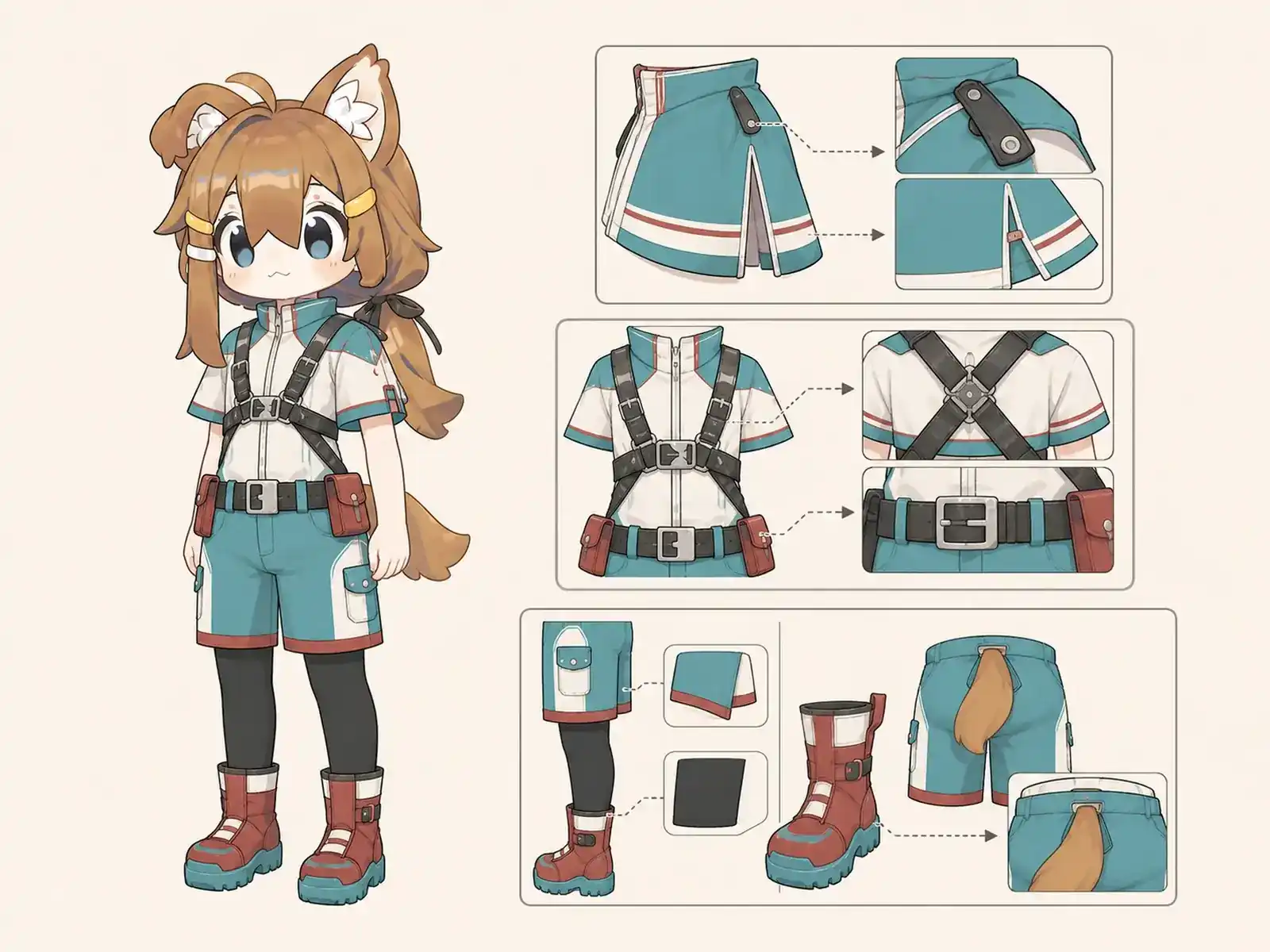 礁湖補給スキッフ操船服の衣装設定画。着用全身と首元、腰の留め具、裾・靴・尾口の構造図。