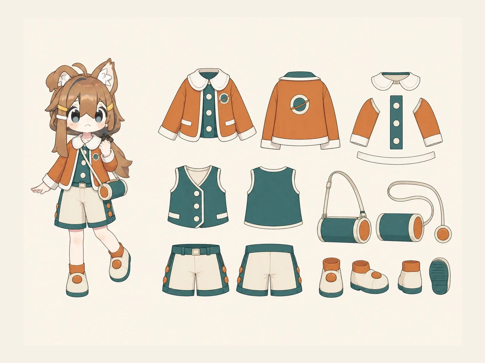レトロ宇宙ラウンジ服の衣装設定画。着用全身と衣装部品の構造を示す独立設定画。