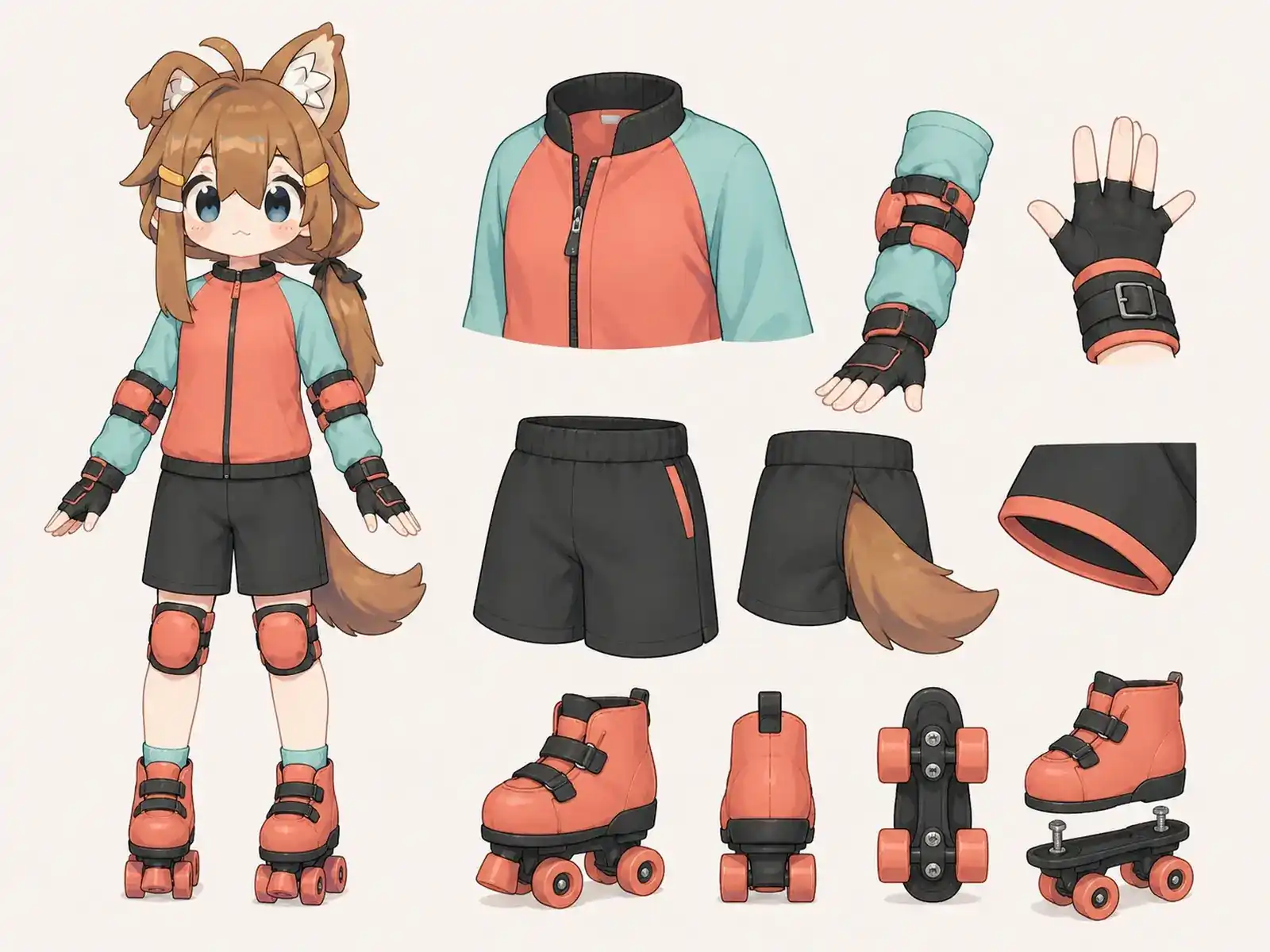 ローラースケートの基礎練習服の衣装設定画。着用全身と首元、腰の留め具、裾・靴・尾口の構造図。