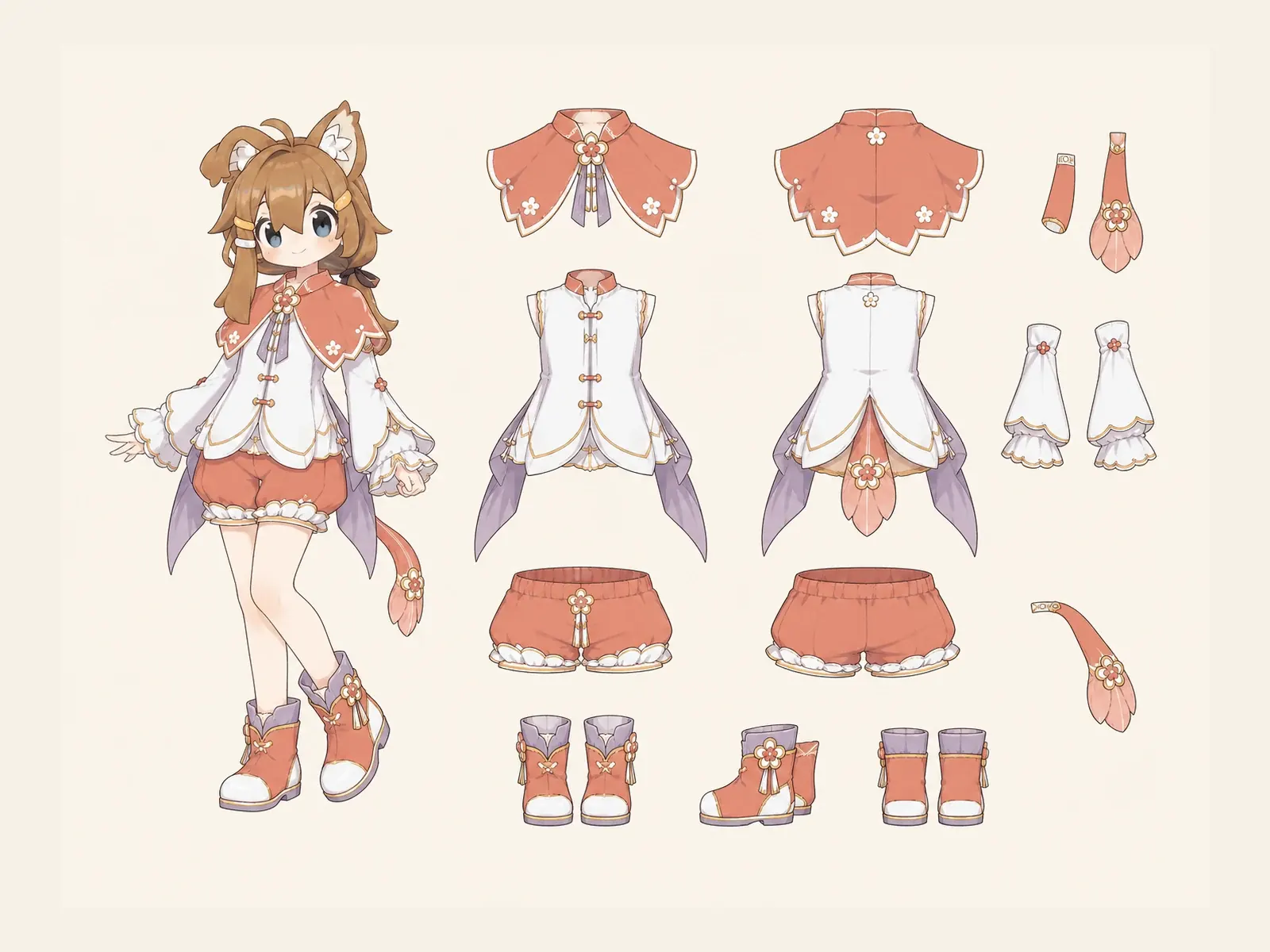 花層ロマンティック祝祭服の衣装設定画。着用全身と衣装部品の構造を示す独立設定画。