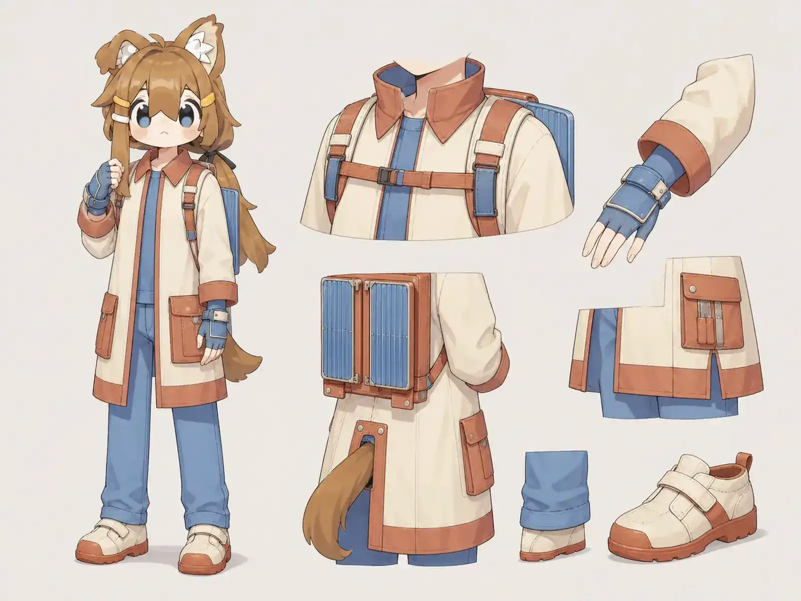 屋上自然冷却設備の保守服の衣装設定画。着用全身と首元、腰の留め具、裾・靴・尾口の構造図。