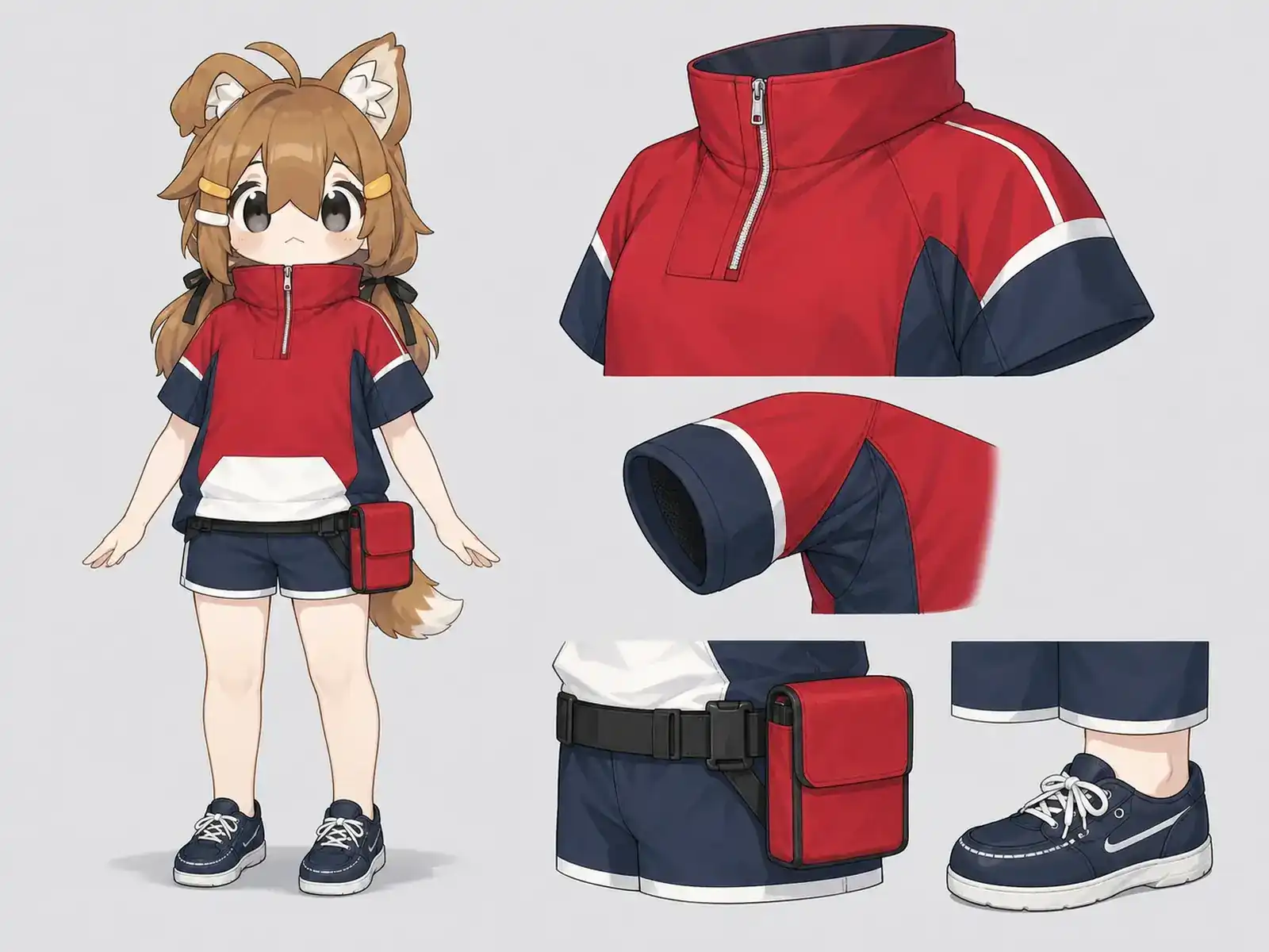 ローイング舵手の防風服の衣装設定画。着用全身と首元、腰の留め具、裾・靴・尾口の構造図。