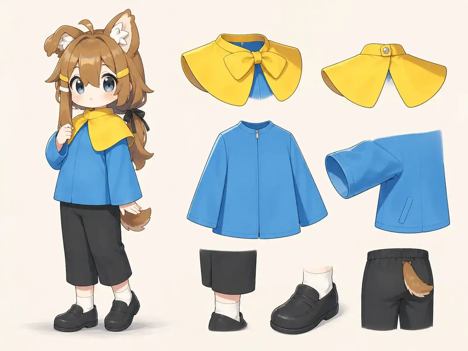 通学路の朝見守り服の衣装設定画。着用全身と首元、腰の留め具、裾・靴・尾口の構造図。