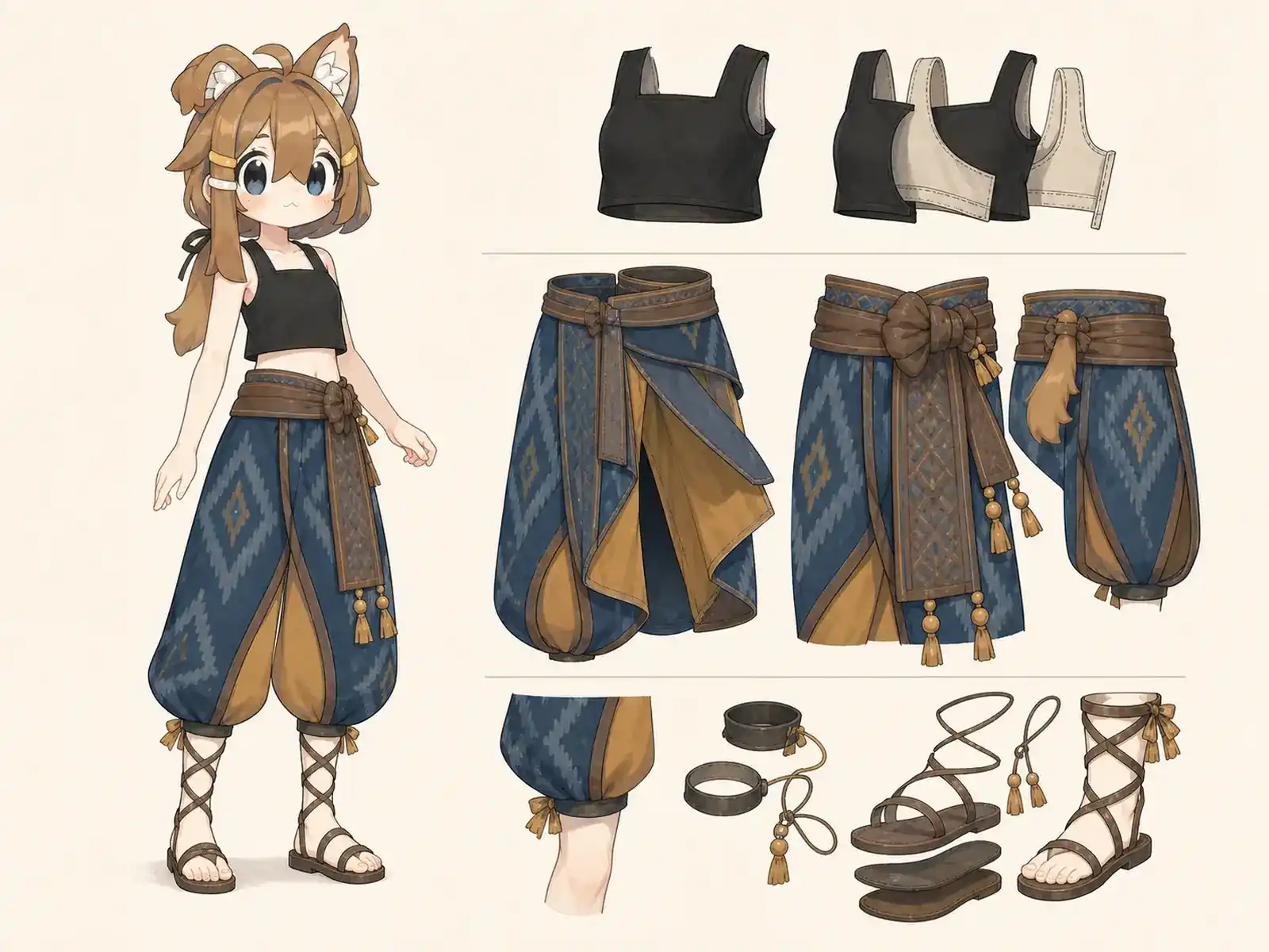 巻き布から作るパンツ服 — 東南アジアの絣・蝋防染研究の衣装設定画。着用全身と首元、腰の留め具、裾・靴・尾口の構造図。