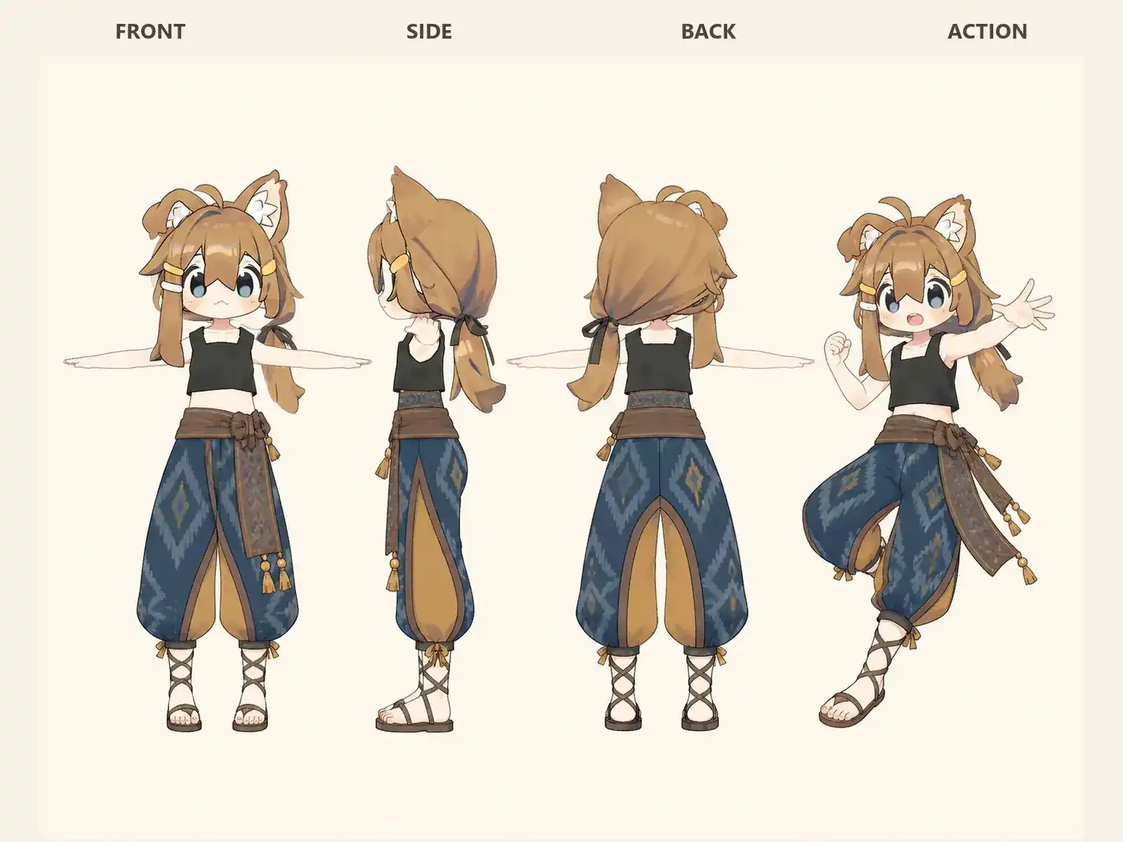 巻き布から作るパンツ服 — 東南アジアの絣・蝋防染研究を着た低身長ユニセックスモデルの正面、左側面、背面、任意ポーズを左から並べた衣装設計図。