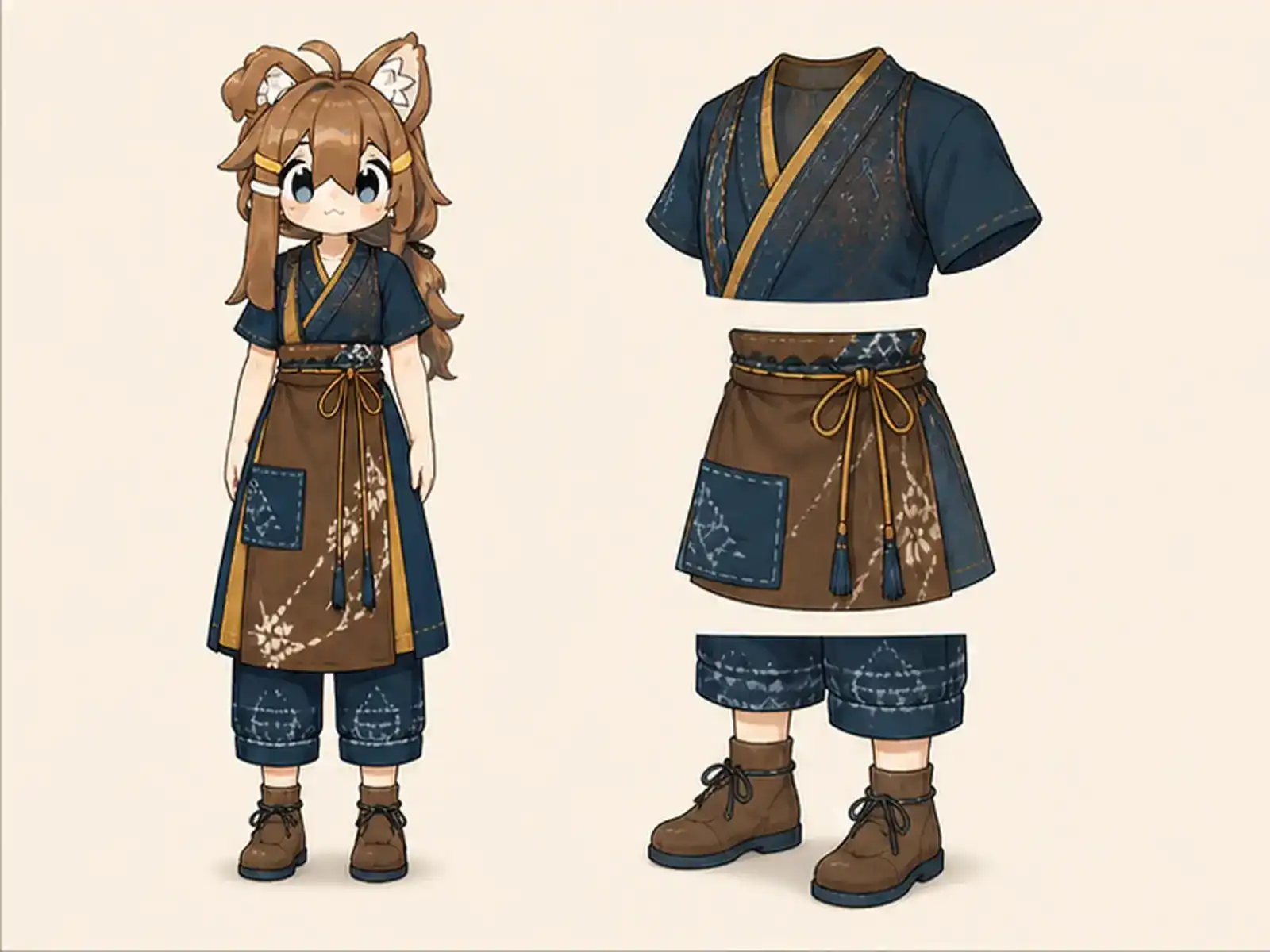 藍防染の作業服 — 東南アジアの絣・蝋防染研究の衣装設定画。着用全身と首元、腰の留め具、裾・靴・尾口の構造図。