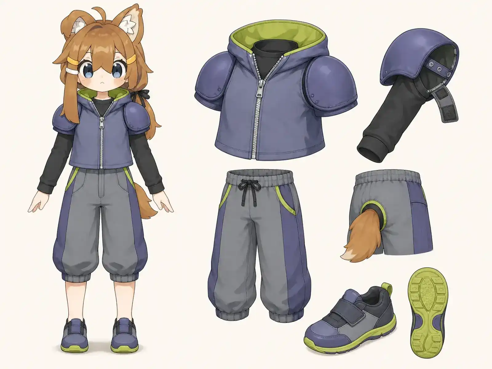 スケートパーク安全コーチ服の衣装設定画。着用全身と首元、腰の留め具、裾・靴・尾口の構造図。