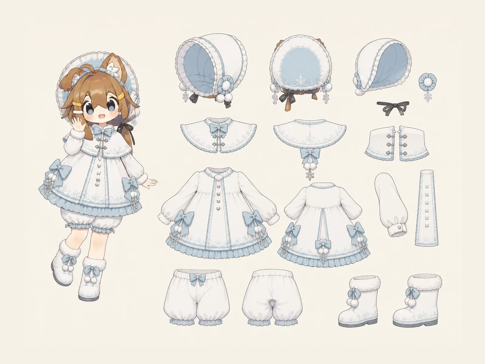 雪ドーム・ロリータの衣装設定画。着用全身と衣装部品の構造を示す独立設定画。