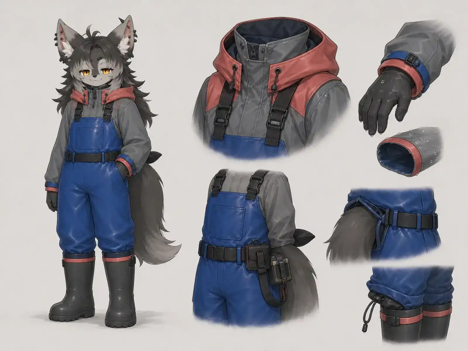 雪解け排水路の点検服の衣装設定画。着用全身と首元、腰の留め具、裾・靴・尾口の構造図。