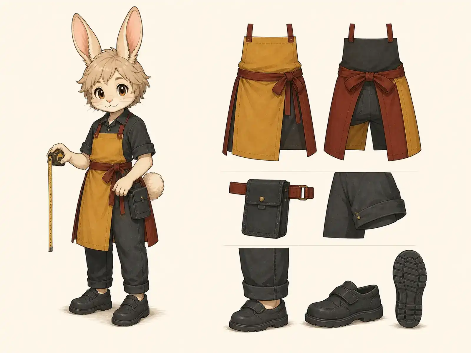 香料港の分割エプロン服の衣装設定画。着用全身と首元、腰の留め具、裾・靴・尾口の構造図。