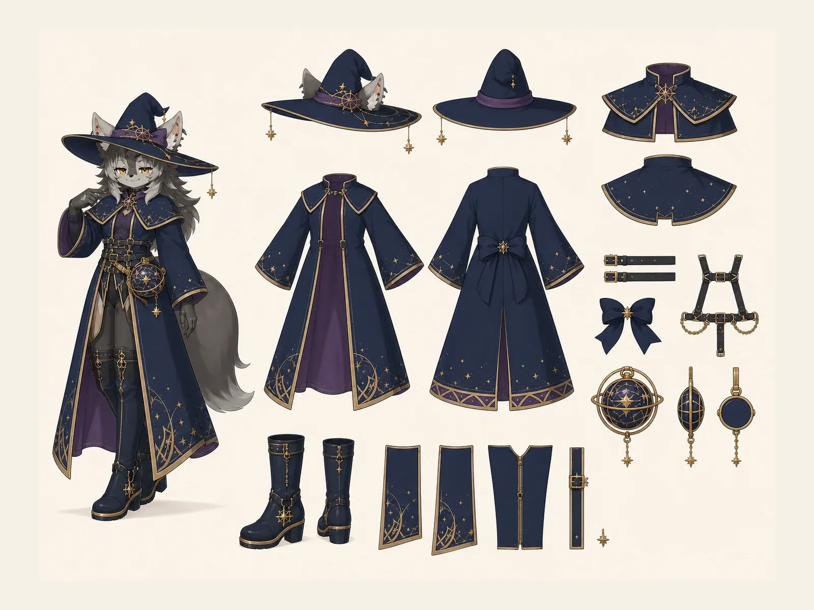 星読み魔女コスプレの衣装設定画。着用全身と衣装部品の構造を示す独立設定画。